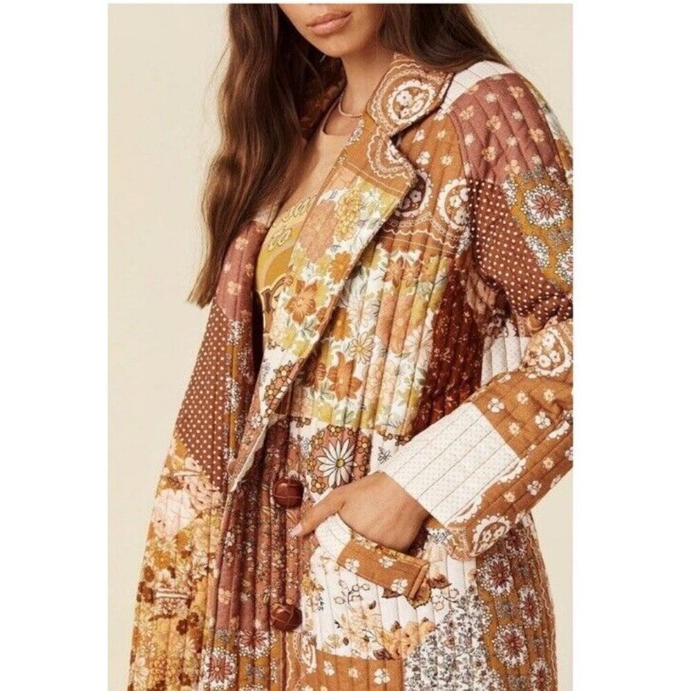 NWT Spell Patchwork Long Coat - Brown and White - Picture 2 of 10
